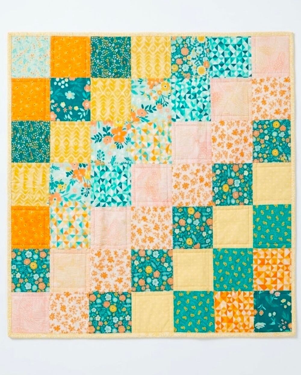 Baby Crib Patchwork Quilt Floral Birds Yellow 31" X31"